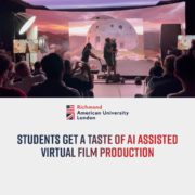 In this image, students at Richmond American University London are learning about AI-assisted virtual film production.
