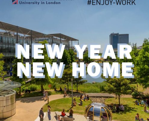 This image is showing the American International University in London's new home at Chiswick Park, encouraging people to enjoy work and celebrate the new year. Full Text: Richmond CHISWICK PARK The American International University in London #ENJOY-WORK bsi NEW YEAR NEW HOME richmond.ac.uk/about-richmond/a-new-home