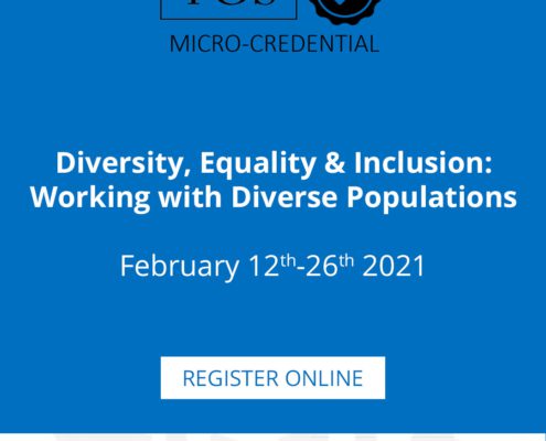 This image is advertising an online course about working with diverse populations from February 12th-26th 2021 at The Chicago School of Professional Psychology and The American International University in London. Full Text: TCS MICRO-CREDENTIAL Diversity, Equality & Inclusion: Working with Diverse Populations February 12th-26th 2021 REGISTER ONLINE TheChicagoSchool Richmond of Professional Psychology The American International University in London