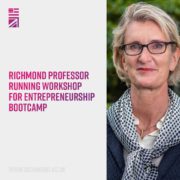 A smiling person with a chin-up posture is featured in a screenshot of a vision care workshop for entrepreneurship bootcamp at Richmond University.