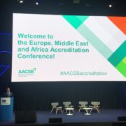 This image is welcoming attendees to the Europe, Middle East and Africa Accreditation Conference, which focuses on AACSB accreditation for business education. Full Text: Welcome to the Europe, Middle East and Africa Accreditation Conference! AACSB #AACSBaccreditation Business Education, Connected. ERSITY ie UNIVERSITY