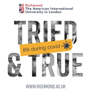This image shows a student at Richmond The American International University in London continuing their studies during the COVID-19 pandemic. Full Text: Richmond The American International University in London TR life during covid TRUE WWW.RICHMOND.AC.UK
