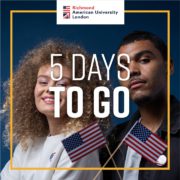 The image shows a countdown timer for five days until the start of Richmond American University London. Full Text: Richmond American University London 5 DAYS TO GO