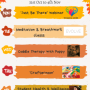 This image is promoting a Wellbeing Week event in 2022, with a variety of activities taking place throughout the week. Full Text: Wellbeing Week 2022 31st Oct to 4th Nov MON 'Just Be There' Webinar Kangaroo Minds TUE Meditation & Breathwork EVOLVE classs WED Cuddle Therapy With Poppy THU 'Crafternoon' CO FRI Student Health & Wellbeing Instagram takeover